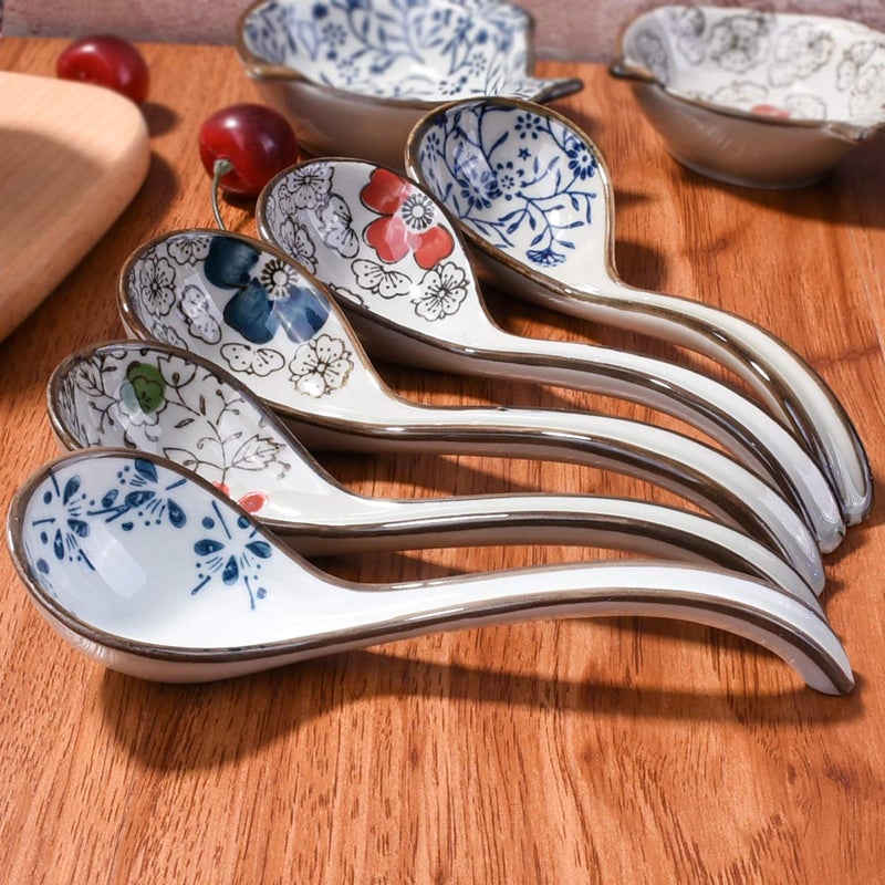 Cerficer Japanese and Korean Large Ceramic Soup Spoon Set of 5 Hand-Painted Long Handle Rice Spoons - Image 2